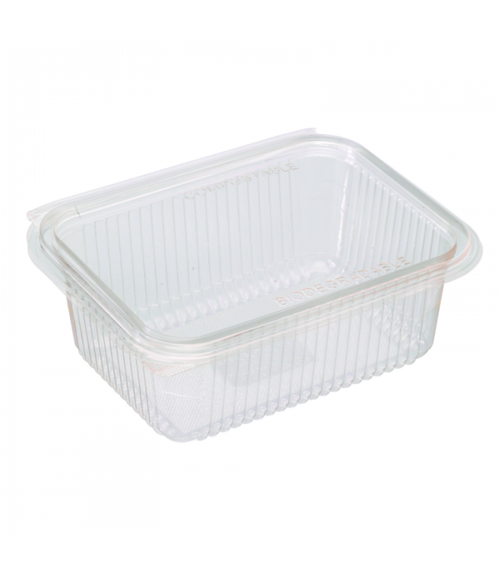 Barquette rectangulaire PLA transparente avec couvercle attaché  188x143mm H67mm 1000ml - 400Pcs