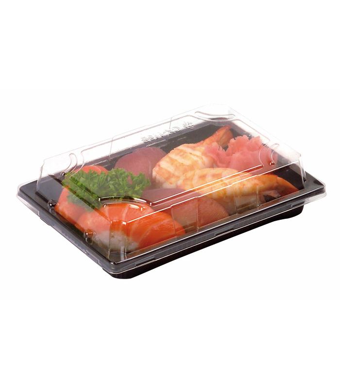 Barquette sushi plastique PS noir avec couvercle PET transparent  178x122mm - 200Pcs