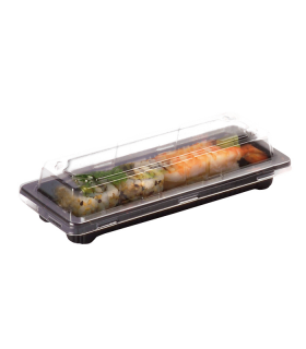Barquette sushi plastique PS noir avec couvercle PET transparent Suky  165x90mm H40mm - 200Pcs