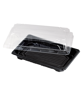 Barquette sushi plastique PS noir avec couvercle PET transparent Suky  170x120mm H40mm - 200Pcs