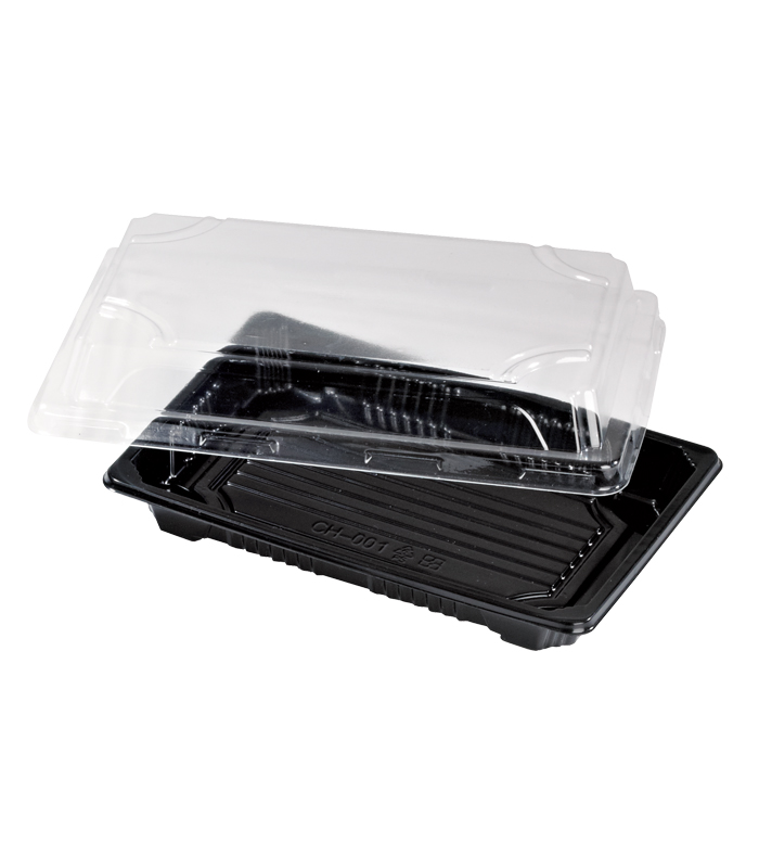 Barquette sushi plastique PS noir avec couvercle PET transparent Suky  170x120mm H40mm - 200Pcs