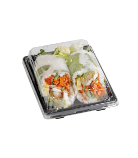 Barquette sushi plastique PS noir avec couvercle PET transparent Suky  220x140mm H40mm - 200Pcs