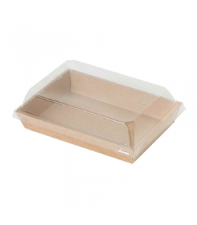 Barquette sushi en carton kraft brun avec couvercle transparent en plastique PET  153x102mm H25mm - 300Pcs
