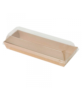 Barquette sushi en carton kraft brun avec couvercle transparent en plastique PET  209x78mm H25mm - 300Pcs