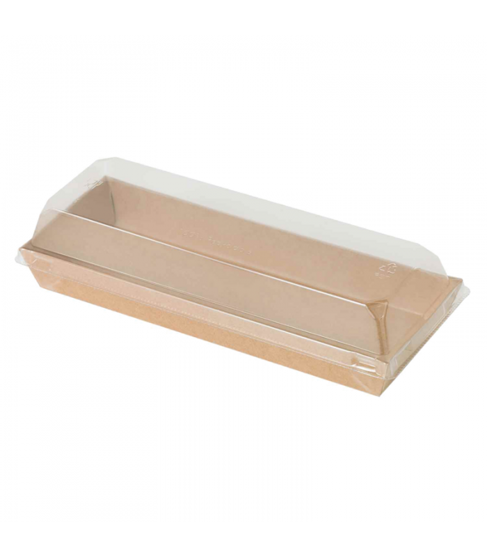 Barquette sushi en carton kraft brun avec couvercle transparent en plastique PET  209x78mm H25mm - 300Pcs