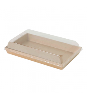 Barquette sushi en carton kraft brun avec couvercle transparent en plastique PET  225x138mm H25mm - 300Pcs