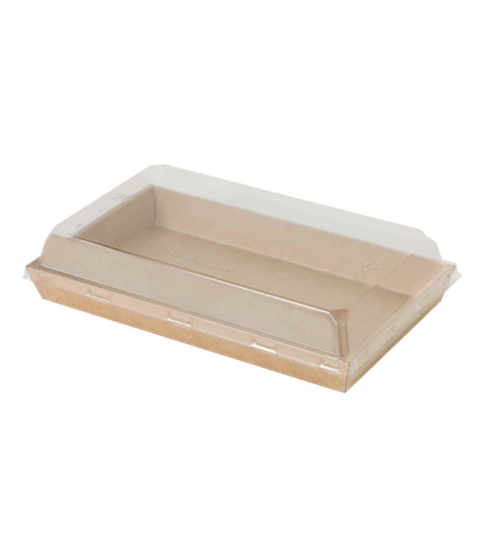 Barquette sushi en carton kraft brun avec couvercle transparent en plastique PET  225x138mm H25mm - 300Pcs