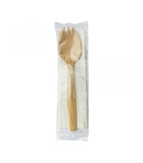 Kit couverts bois 2/1: fourchette-cuillère serviette, emballage transparent   H147mm - 250Pcs