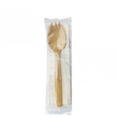 Kit couverts bois 2/1: fourchette-cuillère serviette, emballage transparent   H147mm - 250Pcs