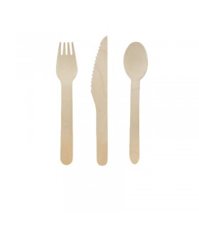 Kit couverts bois 3/1: couteau fourchette cuillère, emballage kraft  H165mm - 250Pcs