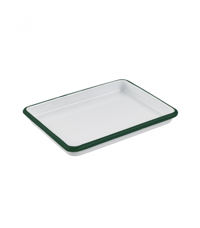 Plateau Enamel blanc en acier émaillé à bord vert  165x122mm H25mm - 12Pcs
