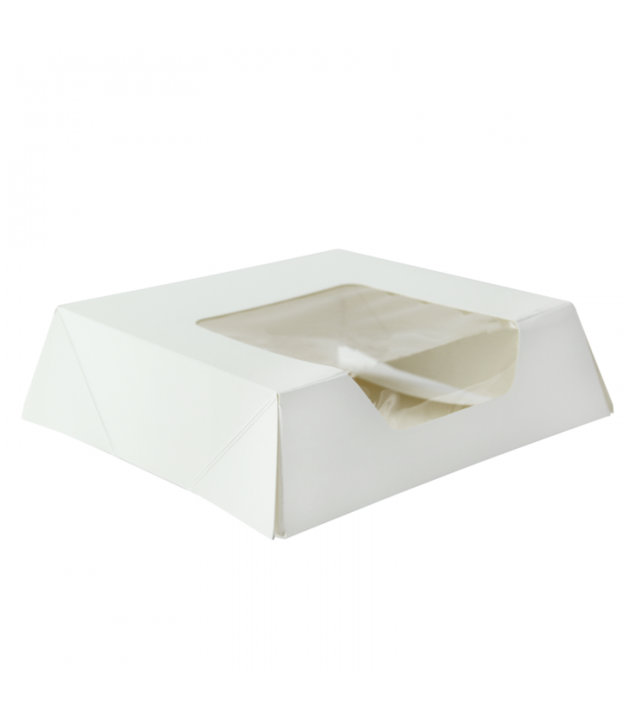 Boîte pâtissière carton blanc avec couvercle attaché à fenêtre 140x140mm H40mm - 180Pcs
