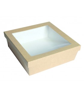 Boîte "Kray" carrée carton brun avec couvercle à fenêtre 245x245mm H80mm 4 200ml - 100Pcs