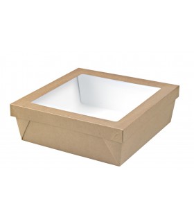 Boîte "Kray" carrée carton brun avec couvercle à fenêtre 265x265mm H50mm 3000ml - 100Pcs