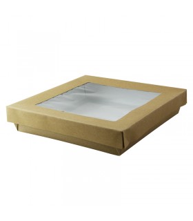 Boîte "Kray" carrée carton brun avec couvercle à fenêtre 205x205mm H40mm 1000ml - 200Pcs