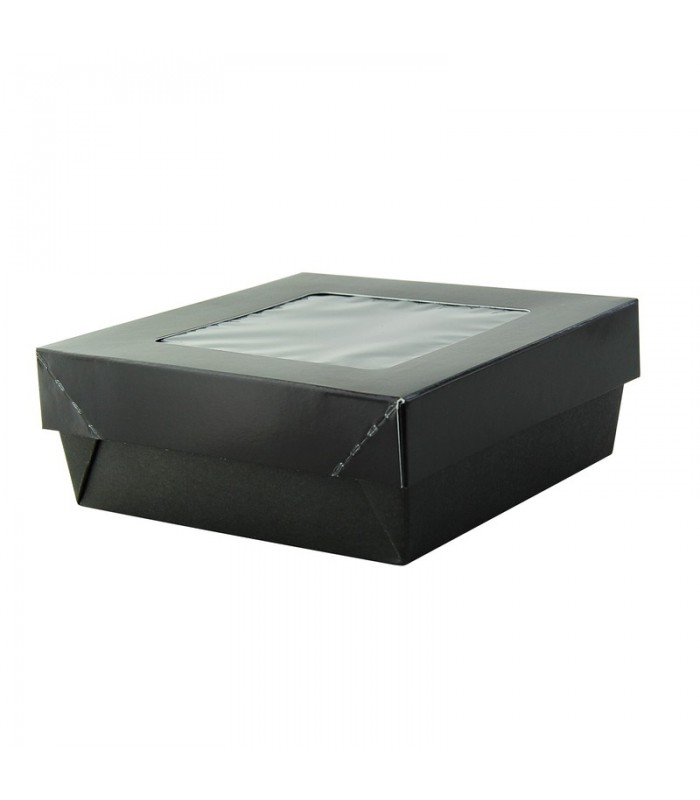 Boîte "Kray" carrée carton noir avec couvercle à fenêtre 135x135mm H50mm 700ml - 100Pcs