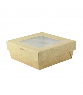 Boîte "Kray" carrée carton brun avec couvercle à fenêtre 115x115mm H50mm 350ml - 100Pcs