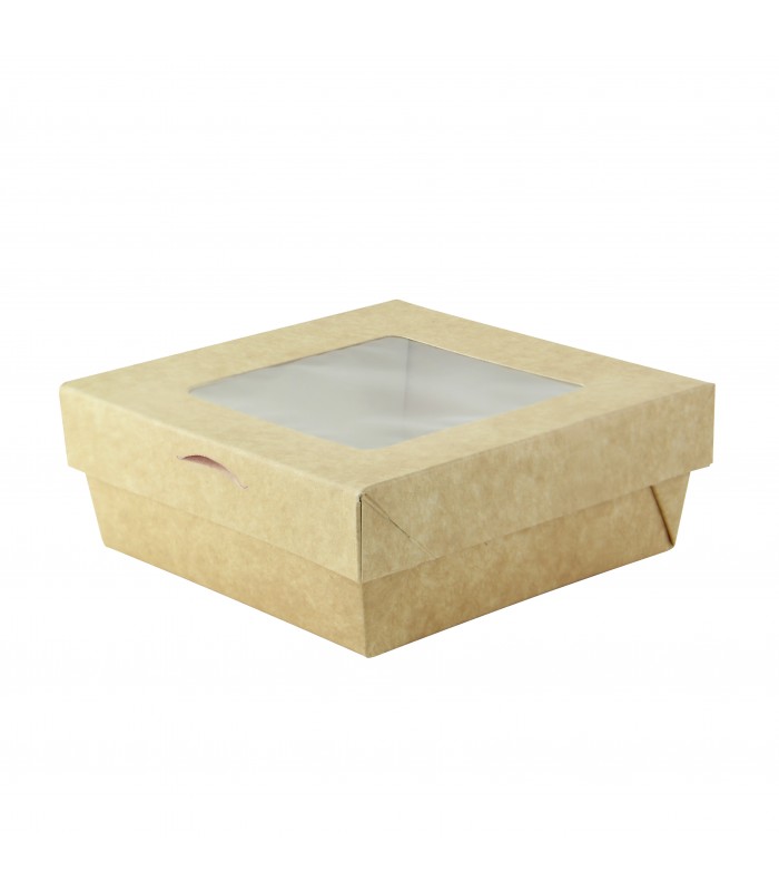 Boîte "Kray" carrée carton brun avec couvercle à fenêtre 115x115mm H50mm 350ml - 100Pcs
