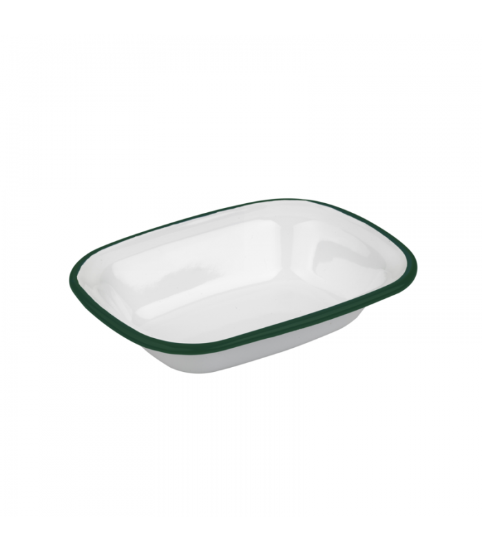 Barquette ou saladier blanc en acier émaillé à bord vert  180x130mm H40mm 350ml - 12Pcs