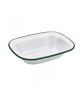 Barquette ou saladier blanc en acier émaillé à bord vert  260x190mm H55mm 1100ml - 12Pcs