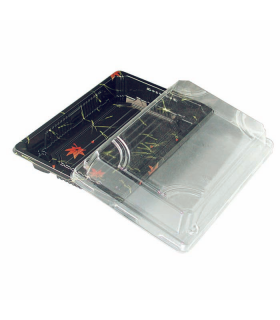 Barquette sushi plastique PS décoré avec couvercle transparent  165x114mm H37mm - 200Pcs