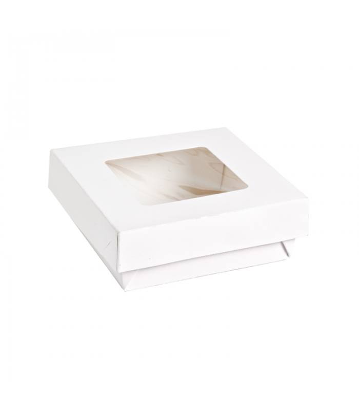 Boite "Kray" carrée carton blanc avec couvercle à fenêtre  135x135mm H50mm 700ml - 250Pcs