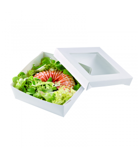Boite "Kray" carrée carton blanc avec couvercle à fenêtre en PLA  135x135mm H50mm 700ml - 250Pcs
