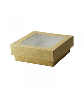 Boite "Kray" carrée carton brun avec couvercle à fenêtre  115x115mm H40mm 350ml - 250Pcs