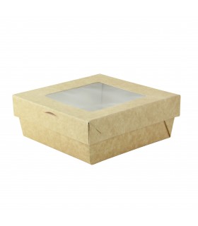 Boite "Kray" carrée carton brun avec couvercle à fenêtre  135x135mm H50mm - 100Pcs