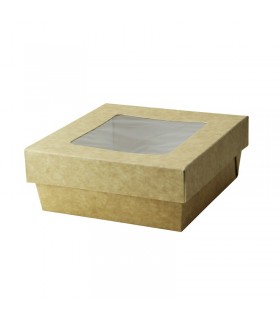 Boite "Kray" carrée carton brun avec couvercle à fenêtre  135x135mm H50mm 700ml - 250Pcs