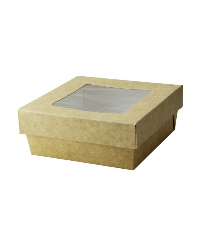 Boite "Kray" carrée carton brun avec couvercle à fenêtre  135x135mm H50mm 700ml - 250Pcs