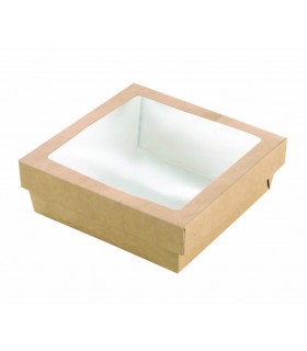 Boite "Kray" carrée carton brun avec couvercle à fenêtre  155x155mm H50mm 900ml - 250Pcs