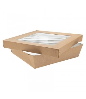 Boite "Kray" carrée carton brun avec couvercle à fenêtre  205x205mm H50mm 1 550ml - 200Pcs
