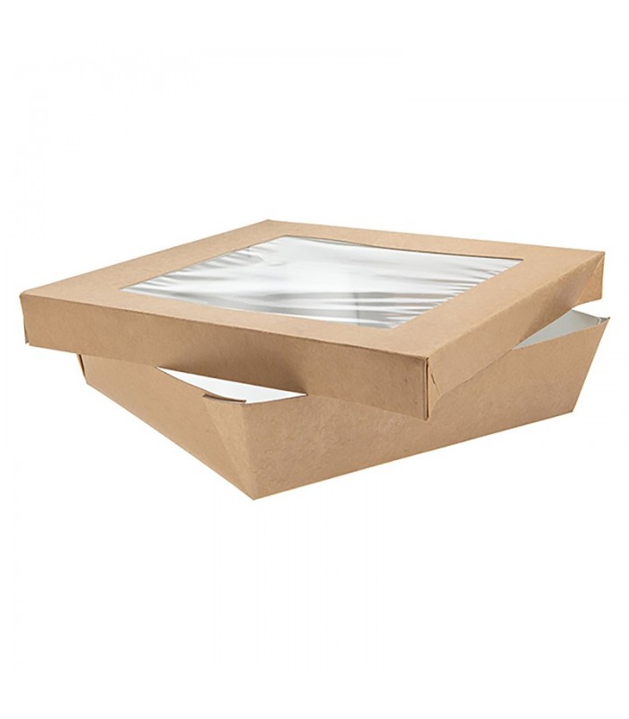 Boite "Kray" carrée carton brun avec couvercle à fenêtre  205x205mm H50mm 1 550ml - 200Pcs