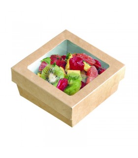 Boite "Kray" carrée carton brun avec couvercle à fenêtre en PLA  135x135mm H50mm 700ml - 250Pcs
