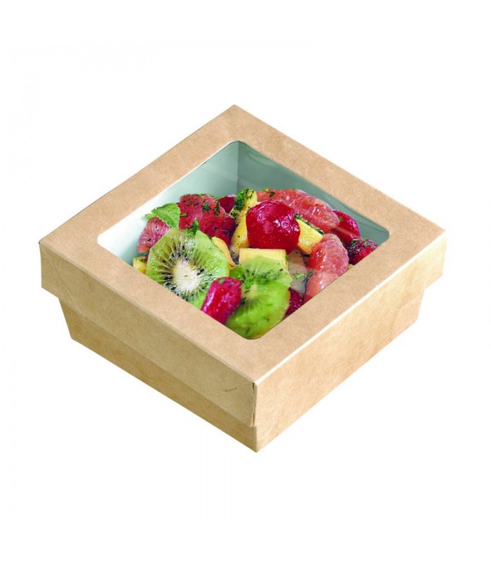 Boite "Kray" carrée carton brun avec couvercle à fenêtre en PLA  135x135mm H50mm 700ml - 250Pcs
