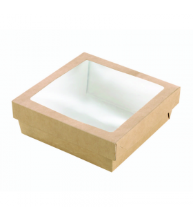 Boite "Kray" carrée carton brun avec couvercle à fenêtre en PLA  155x155mm H50mm 900ml - 250Pcs