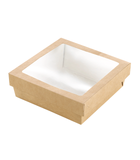 Boite "Kray" carrée carton brun avec couvercle à fenêtre en PLA  205x205mm H40mm 1300ml - 200Pcs