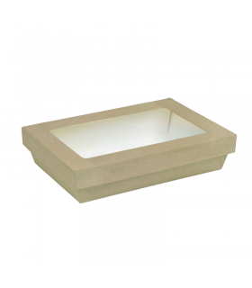 Boite "Kray" rectangulaire carton brun avec couvercle à fenêtre PLA  225x155mm H50mm 1500ml - 200Pcs