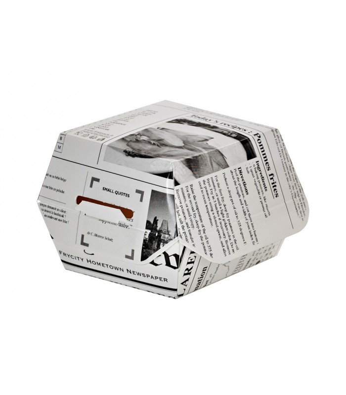 Boite burger carton blanc décor journal  75x75mm H50mm - 500Pcs