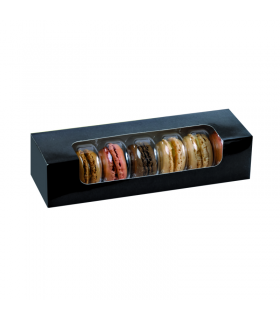 Boite carton rectangulaire noir 7 macarons avec fenêtre  215x68mm H48mm - 250Pcs