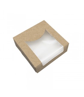 Boite pâtissière carton brun avec couvercle attaché à fenêtre PLA  100x100mm H40mm - 500Pcs