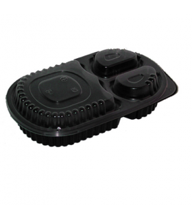 Boite repas plastique PP noire 3 compartiments  235x145mm H40mm 780ml - 400Pcs