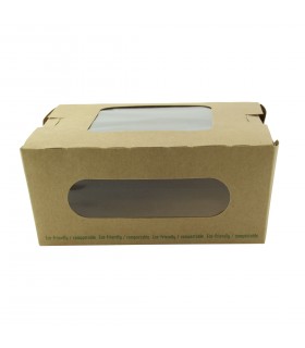 Boite salade carton kraft brun à double fenêtre PLA  152x135mm H65mm 1100ml - 200Pcs