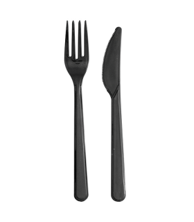 Kit couvert plastique PS noir ?Lux? 2 en 1: couteau et fourchette  180 - 250Pcs