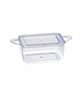 Mise en bouche plastique PS vert rectangulaire transparente avec anses et couvercle "Loukià"  96x50mm H35mm 75ml - 576Pcs