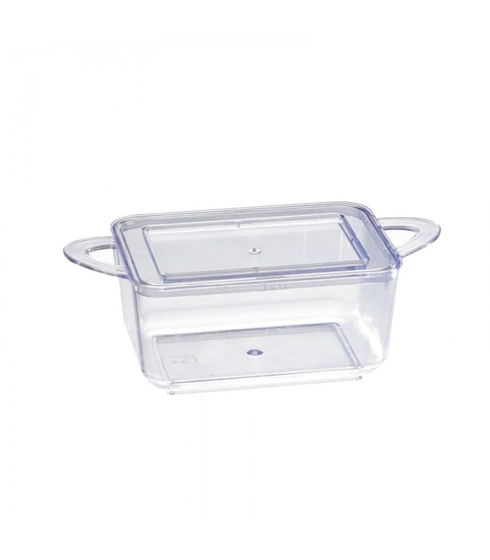 Mise en bouche plastique PS vert rectangulaire transparente avec anses et couvercle "Loukià"  96x50mm H35mm 75ml - 576Pcs