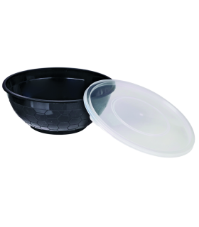 Bol plastique PP rond noir avec couvercle transparent   H59mm 200ml -50Pcs