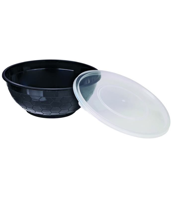 Bol plastique PP rond noir avec couvercle transparent   H59mm 200ml -50Pcs