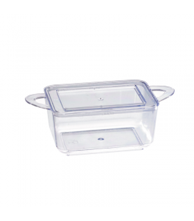 Mise en bouche plastique PS vert rectangulaire transparente avec anses et couvercle "Loukià"  96x50mm H35mm 75ml -24Pcs